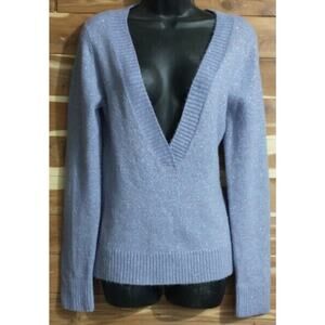 Woman Blue V Neck Stretch Knit Pullover Sweater Silver Metallic Threading Large